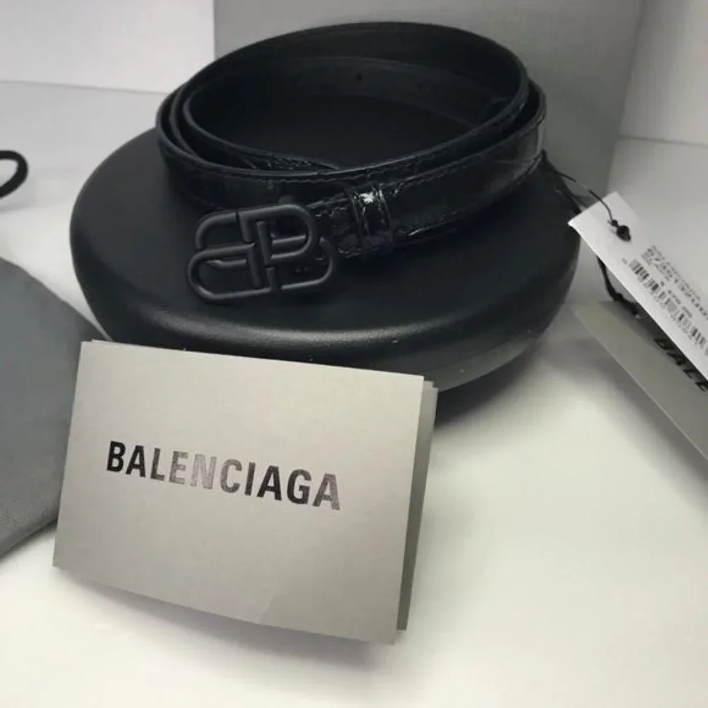 New Authentic Balenciaga BB Logo Buckle Croc Embossed Leather Skinny Belt - Picture 4 of 14